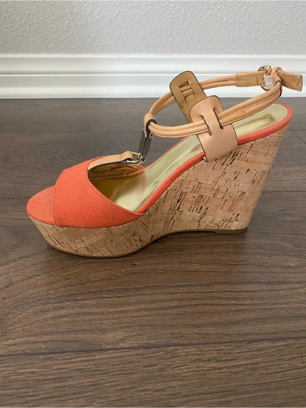 Coach Orange Canvas Cork Wedge Sandals with Tan Leather Straps